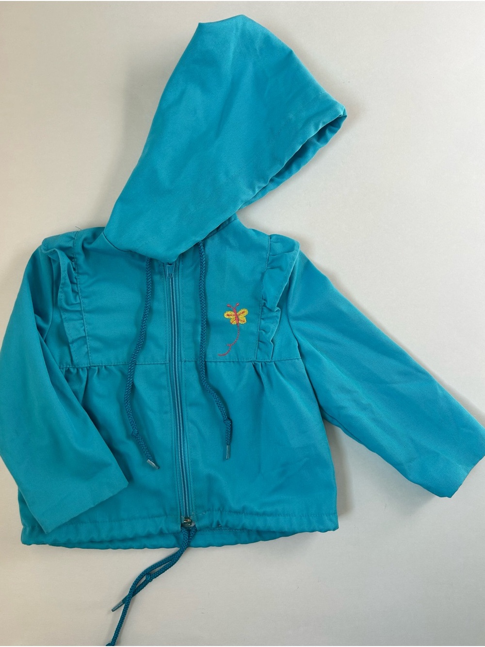Vintage 80s Turquoise Hooded Kids Jacket with Butterfly Embroidery